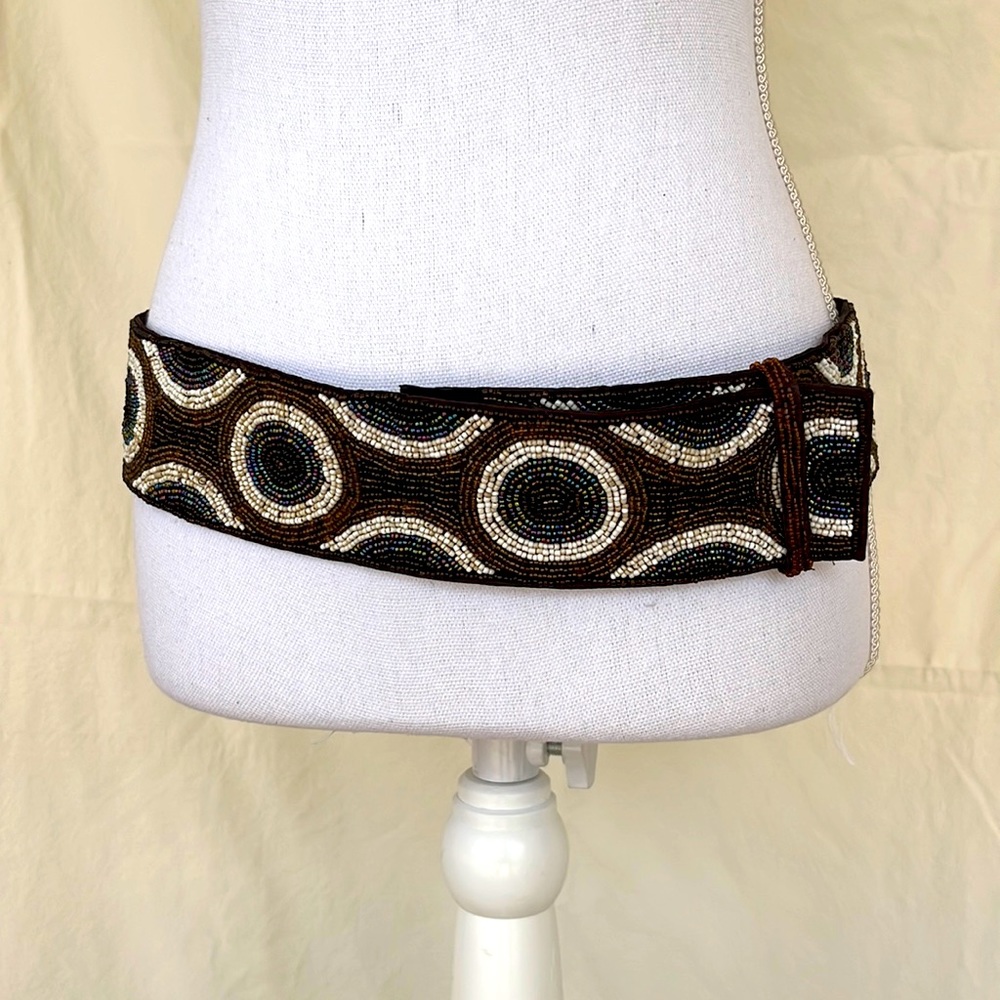 Beaded Belt Iridescent Aurora Borealis beads, ivory and brown glass beads